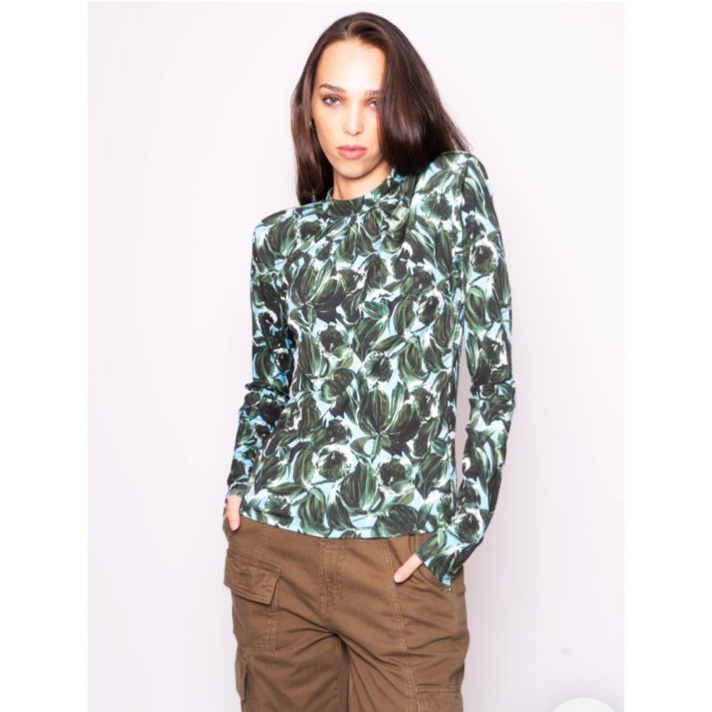 ESSENTIEL ANTWERP  Jersey Blue Green Floral Leaves Shoulder Pads Blouse Top 4 S
